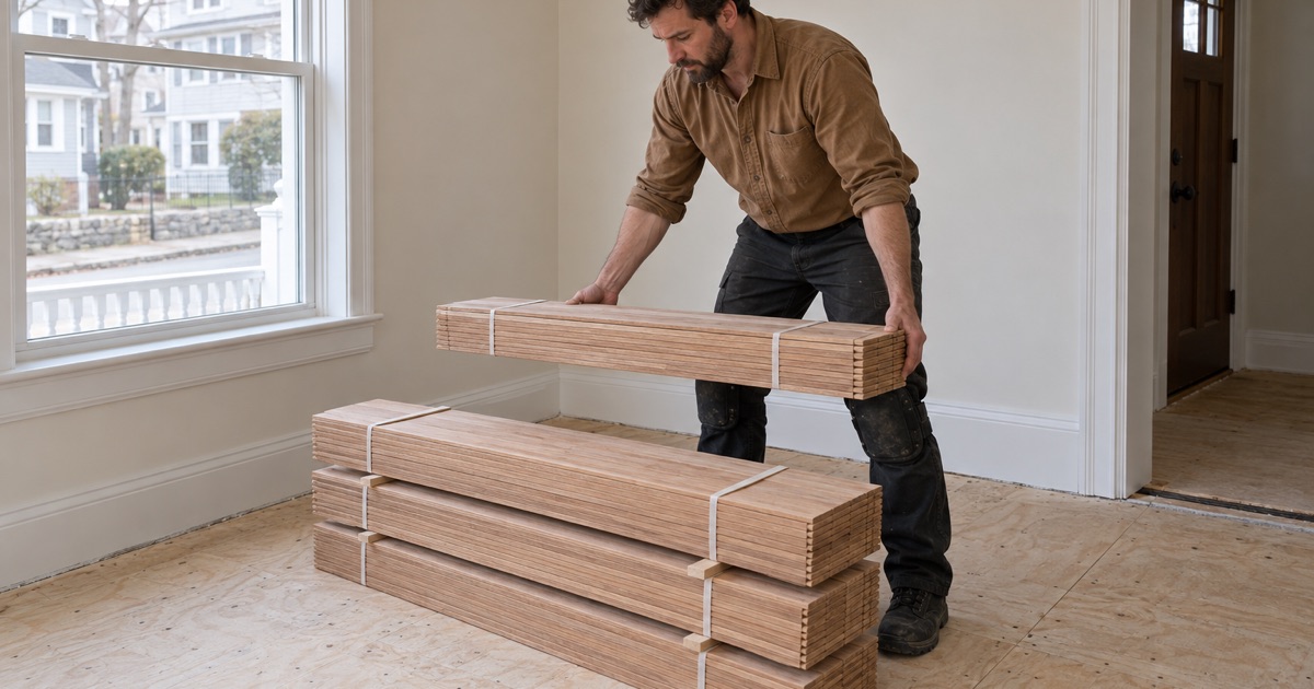 Worker stacking a bundle of red oak flooring on spacer battens to acclimate in the room where it will be installed.