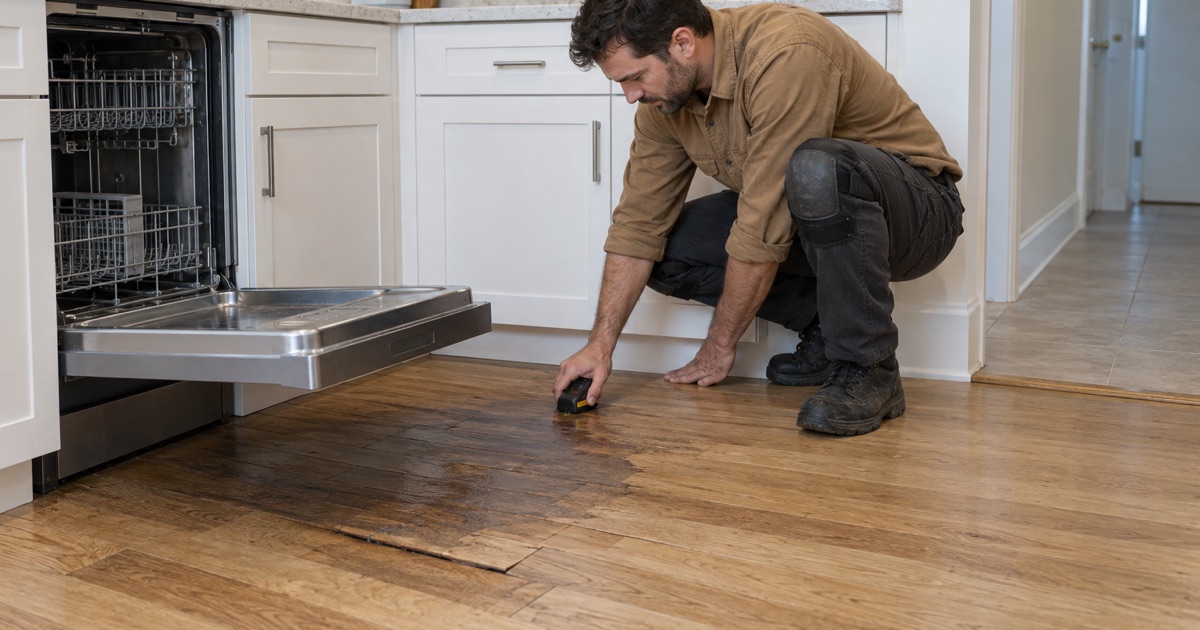 Worker testing a darkened white oak board beside the dishwasher in the kitchen of a Revere condominium unit.