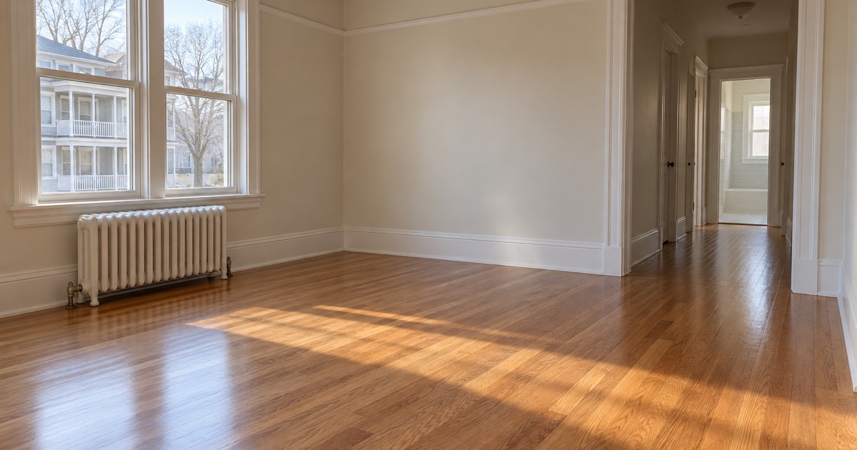Refinished red oak floor running from the front room into the hall of a Beachmont two-family in Revere, in morning light.