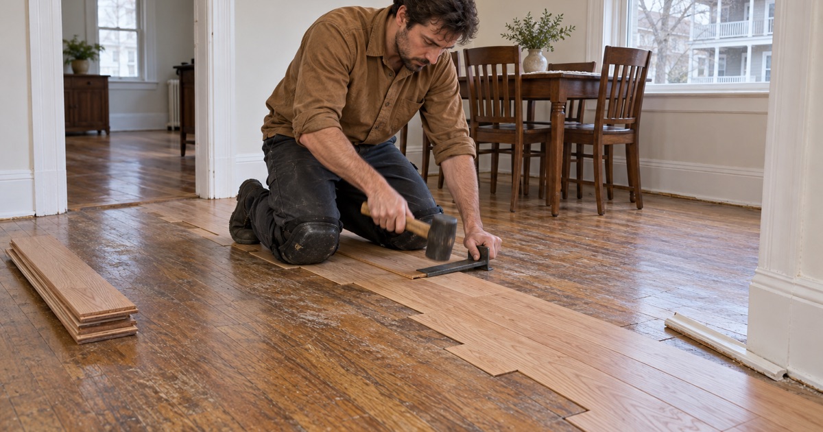 Worker drawing a replacement red oak board tight with a pull bar in a lace-in repair across a Revere doorway path.