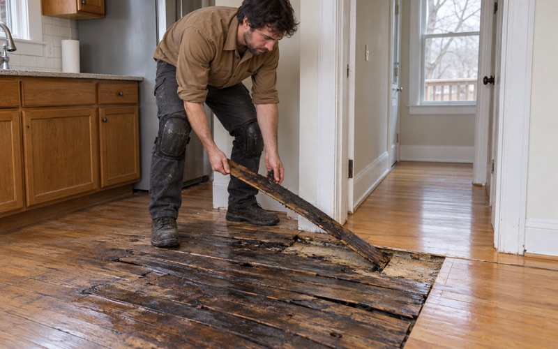 Worker lifting out a blackened, cupped red oak board where a frozen pipe burst in a Revere two-family kitchen.