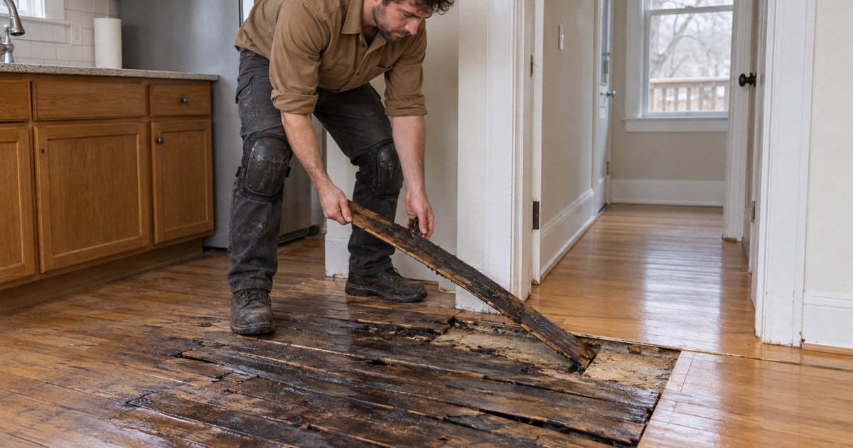 Worker lifting out a blackened, cupped red oak board where a frozen pipe burst in a Revere two-family kitchen.