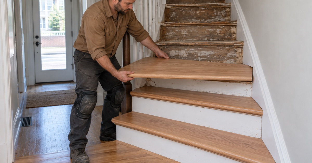 Worker lowering a red oak retro tread with a bullnose front edge onto a stair in a Revere two-family front hall.