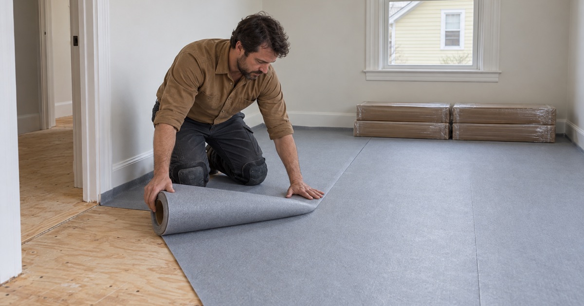 Worker rolling out foam underlayment over a plywood subfloor before new engineered hardwood goes down in a Revere bedroom.