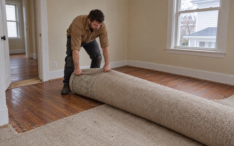 Worker rolling back wall-to-wall carpet to uncover original red oak floorboards in a Revere bedroom.