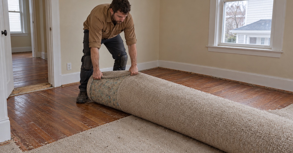 Worker rolling back wall-to-wall carpet to uncover original red oak floorboards in a Revere bedroom.