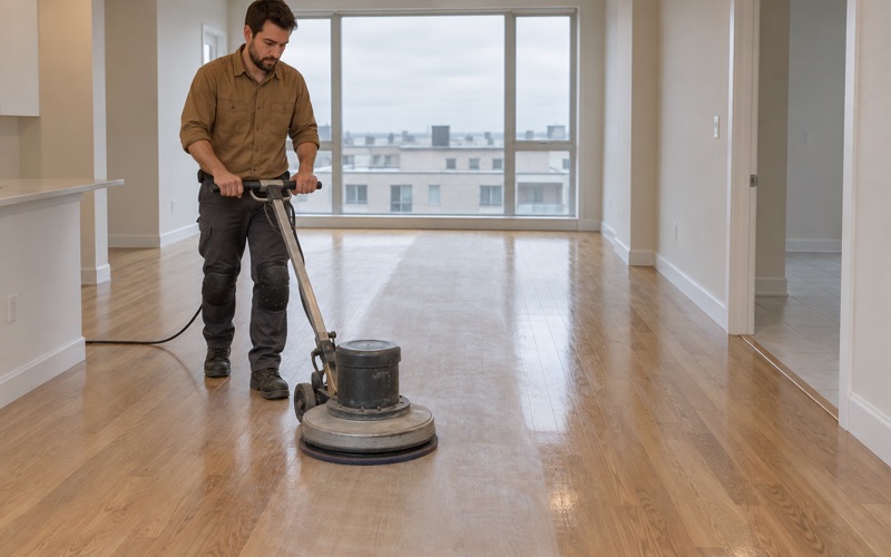 Worker screening a sound white oak floor with a floor buffer in a Revere condominium unit before a fresh coat.