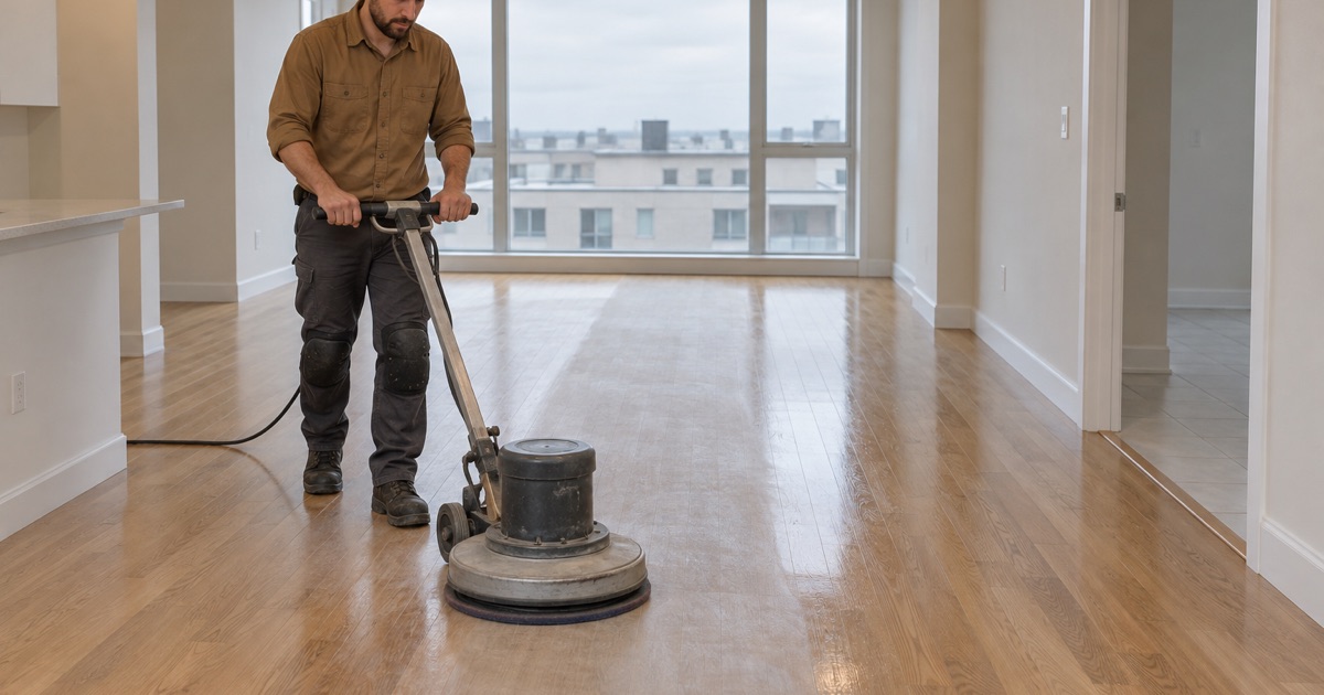 Worker screening a sound white oak floor with a floor buffer in a Revere condominium unit before a fresh coat.
