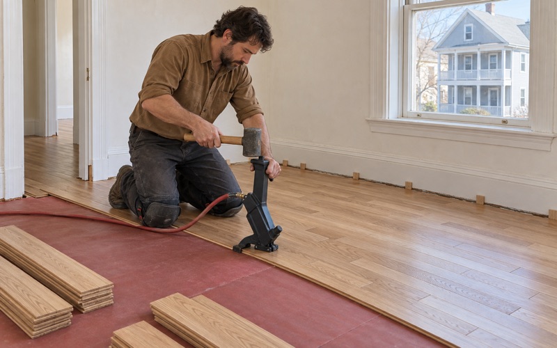 Worker driving a flooring nailer against the tongue of a new red oak board in the upper flat of a Revere two-family.