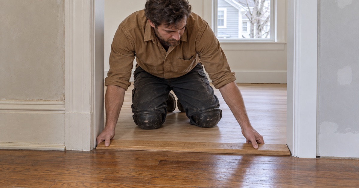 Worker setting an oak threshold in the new doorway where new flooring meets the original floor of an Arlington house.