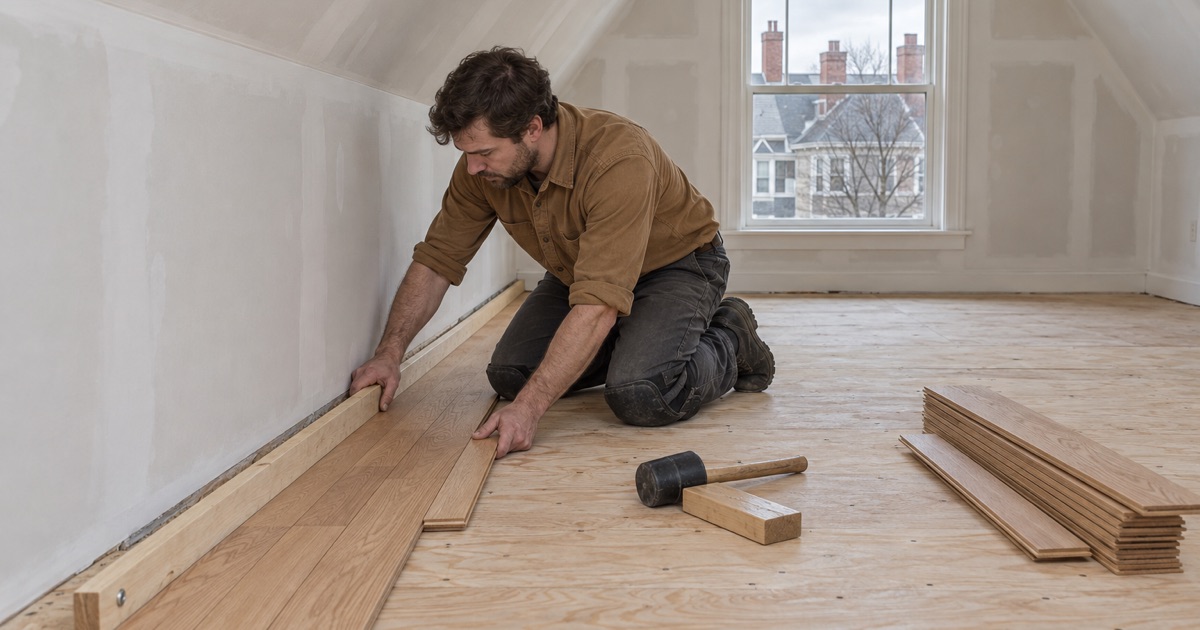 Worker aligning the first row of new red oak against a straight starter board in a dormered attic being converted into a legal apartment in Boston.