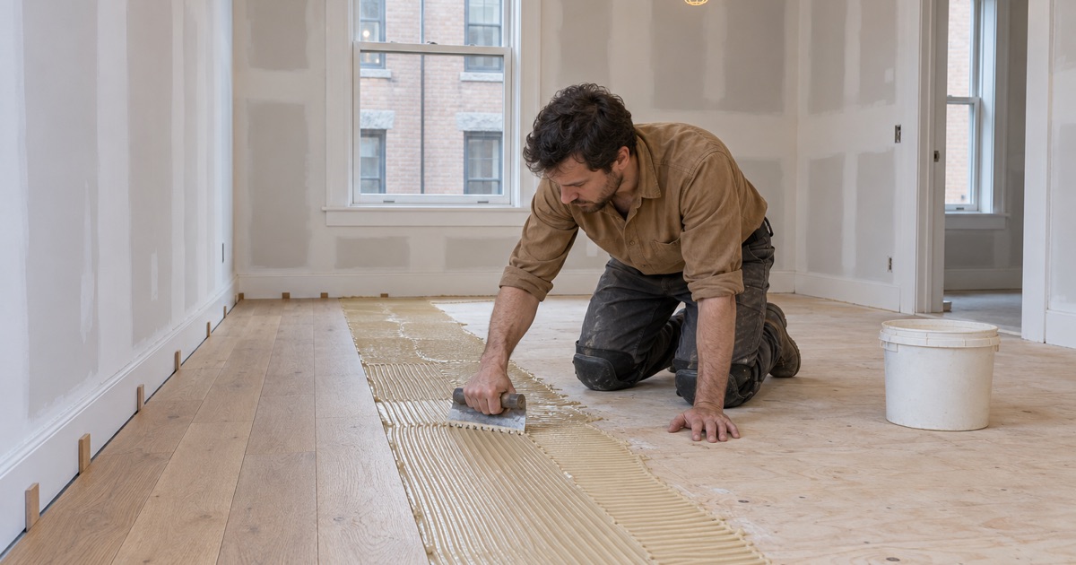 Worker troweling adhesive onto a plywood subfloor for engineered oak plank in a gut-renovated Cambridge apartment building.