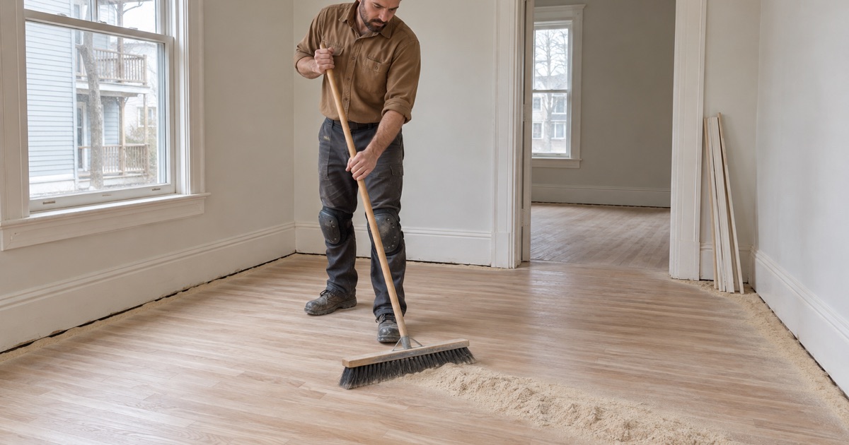 Worker sweeping sanding dust from a bare red oak floor in an empty Chelsea flat.