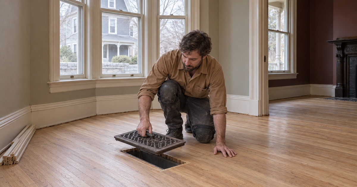 Worker lifting a cast-iron floor register out of a refinished red oak floor in an Ashmont Hill Victorian in Dorchester.