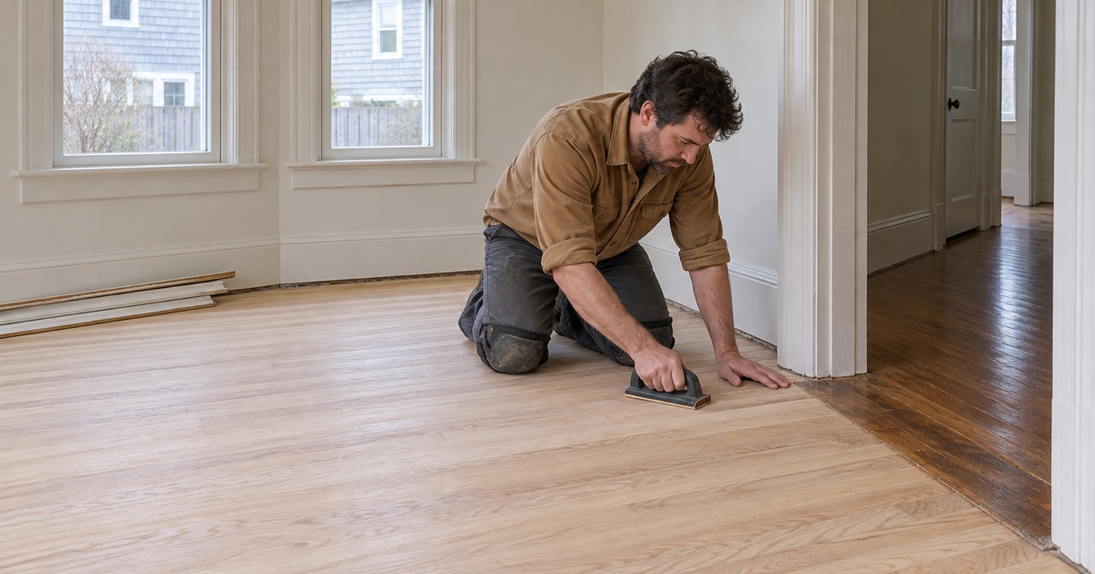 Worker hand-sanding the last of the old finish at a doorway in an older Hull house.