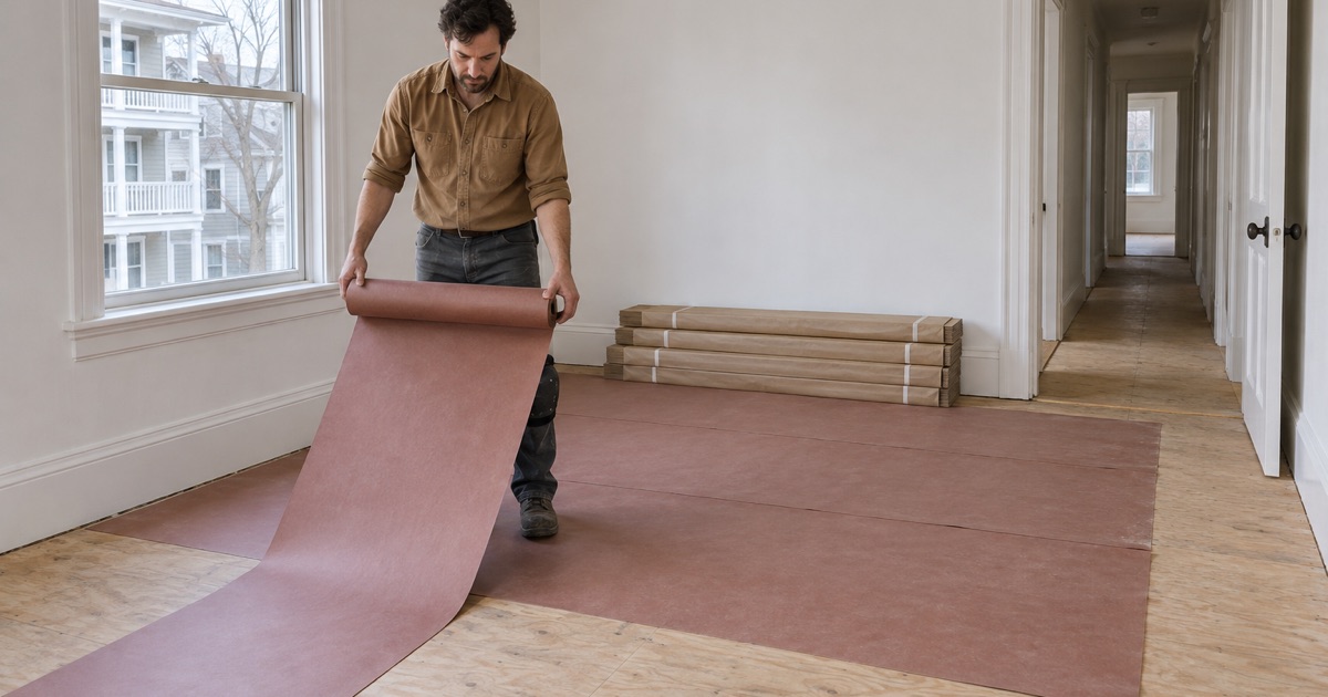 Worker rolling out red rosin paper over the subfloor of an empty prewar flat in Lynn before new oak goes down.