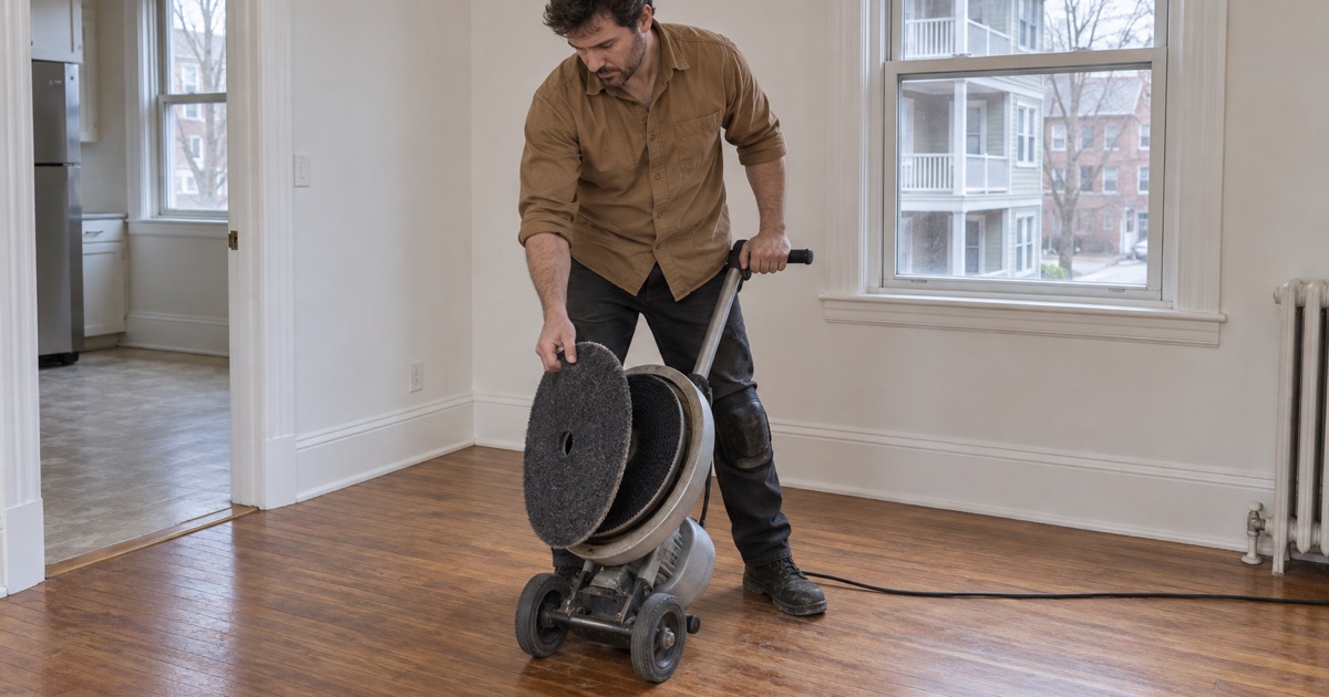 Worker fitting an abrasive screen onto a floor buffer in an emptied Malden flat between tenancies.