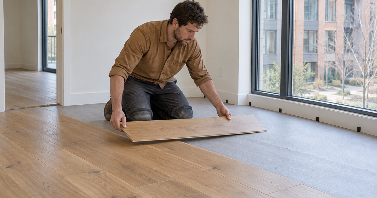 Worker lowering a wide white oak plank into place in a brand-new apartment unit in Medford.
