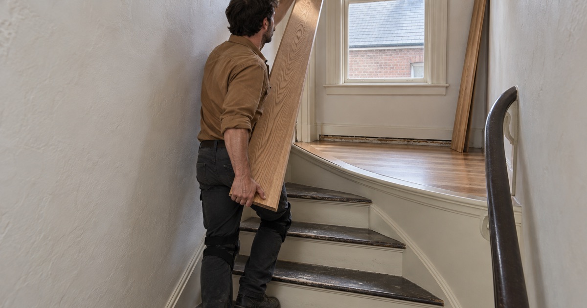 Worker carrying a red oak board up a winding stair in an old Newburyport building.