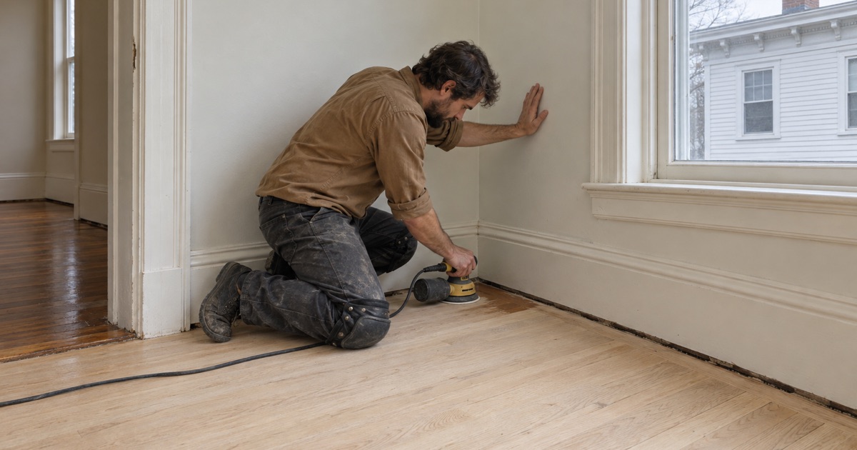 Worker corner-sanding a red oak floor with a hand-held orbital sander in a 19th-century house in Peabody.
