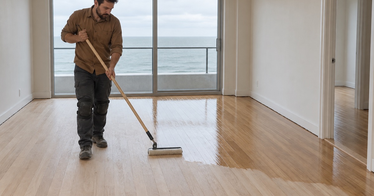 Worker spreading clear finish across a refinished white oak floor in an ocean-facing condominium living room on Revere Beach Boulevard.