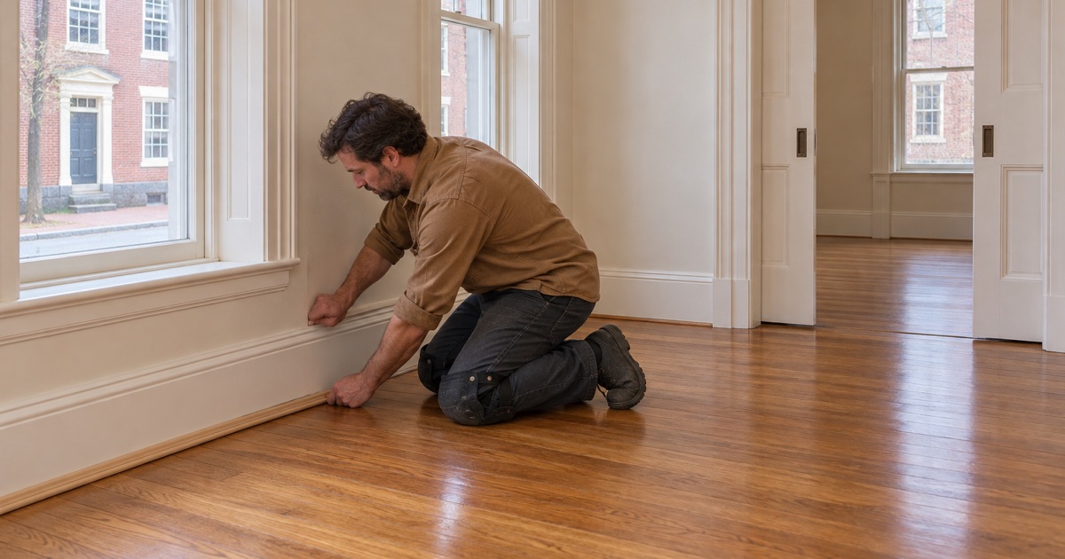 Worker refitting shoe molding along the refinished floor of a Federal-era house in Salem.