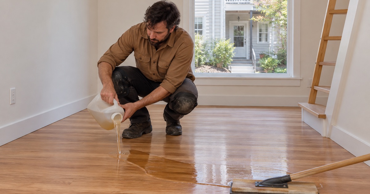 Worker pouring clear finish onto the new red oak floor of a small new backyard cottage in Somerville.