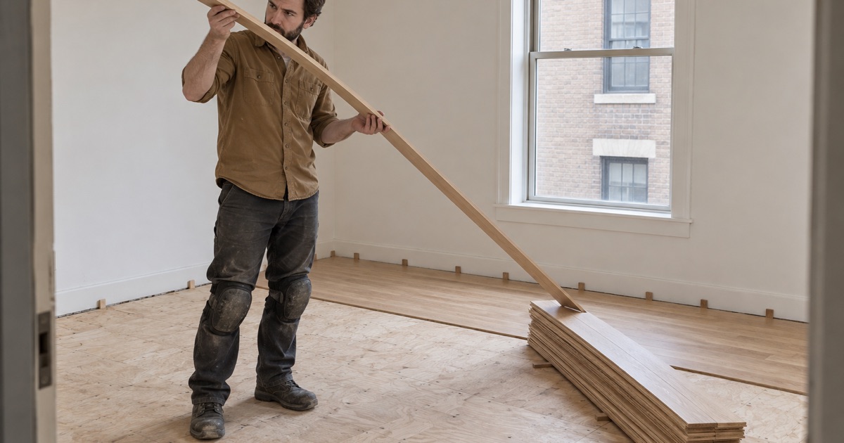 Worker sorting white oak boards for crown before installation in a South End unit.